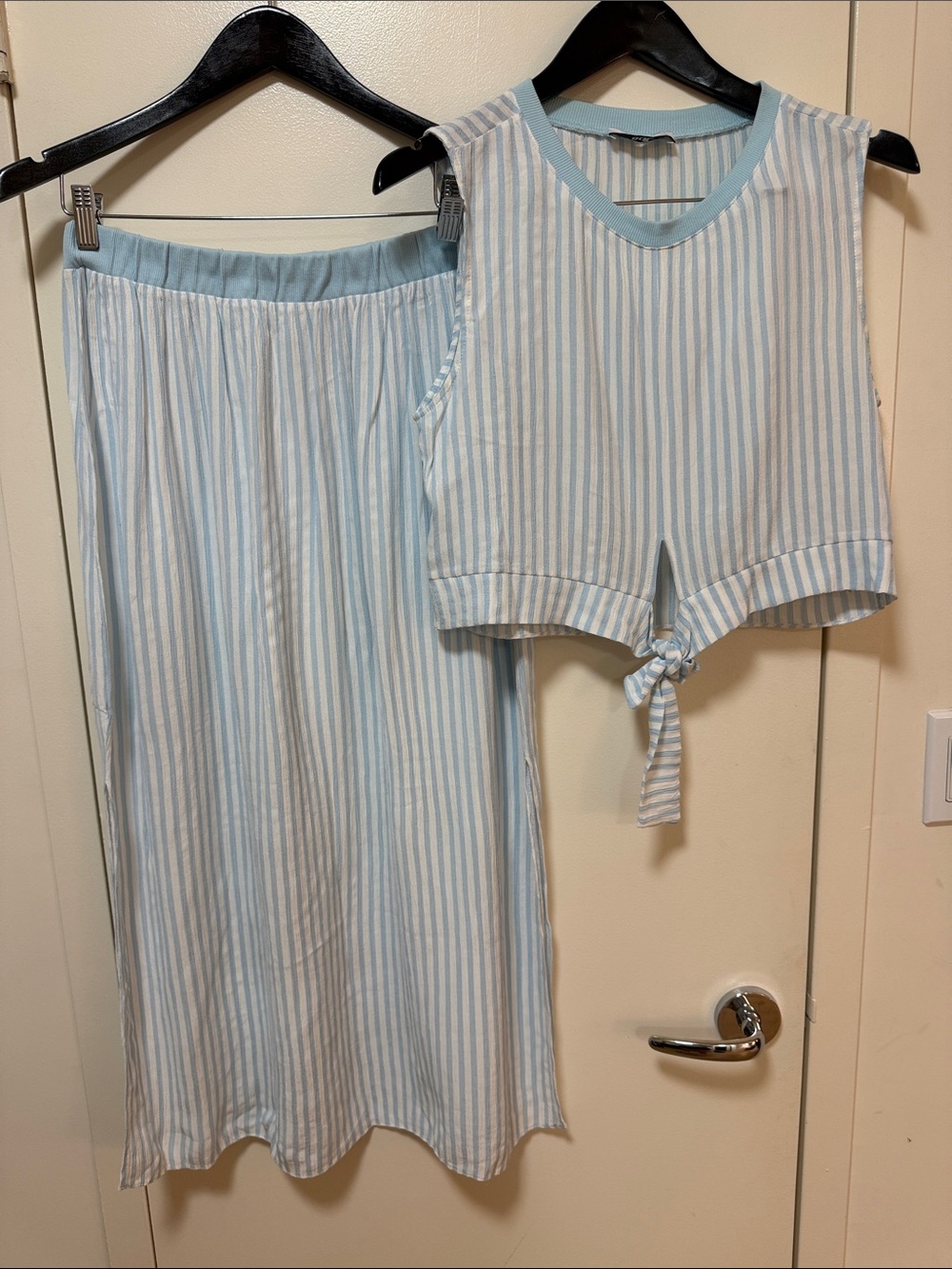 Light Blue & White Striped Two-Piece Set - Sleeveless Tie Top + Skirt